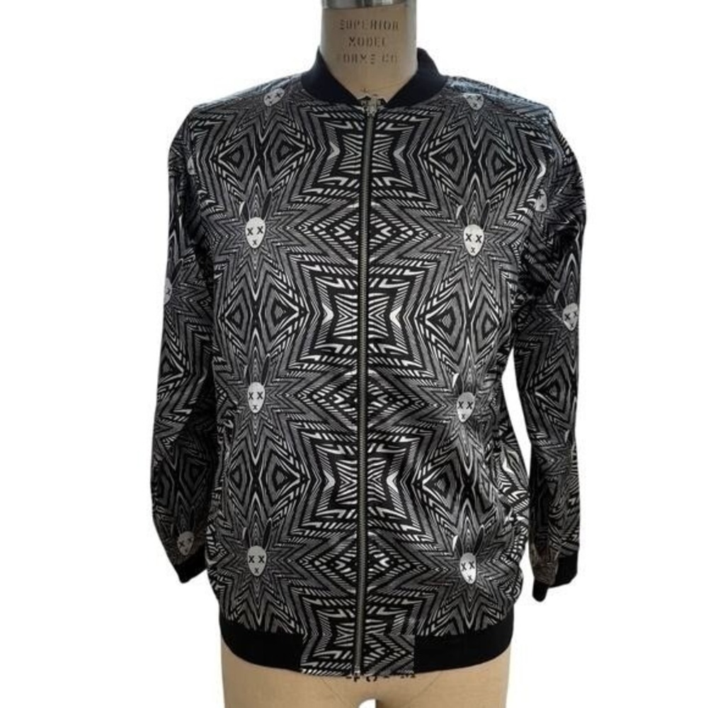 Mister Triple X Satin Bomber Jacket  Mens M  Black White Skull Bunny Print